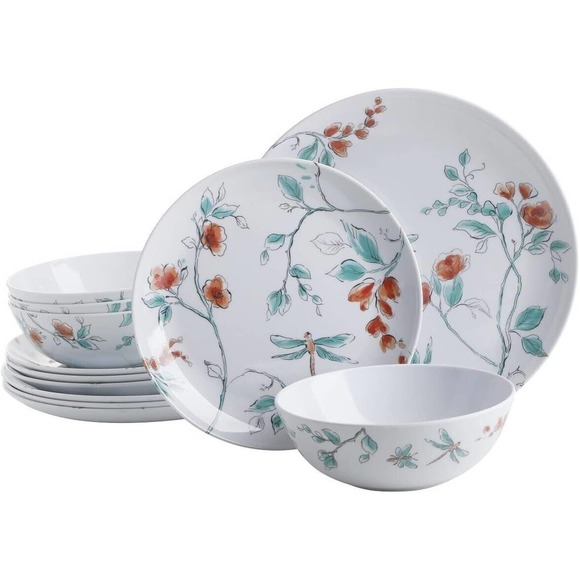 Martha Stewart Other - NIB Martha Stewart 12 piece Dragonfly Garden Melamine Dinnerware Set 4 person